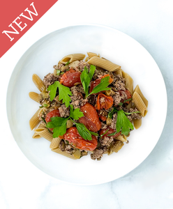 Grecian Beef Crumble with Penne Pasta and Roasted Tomatoes